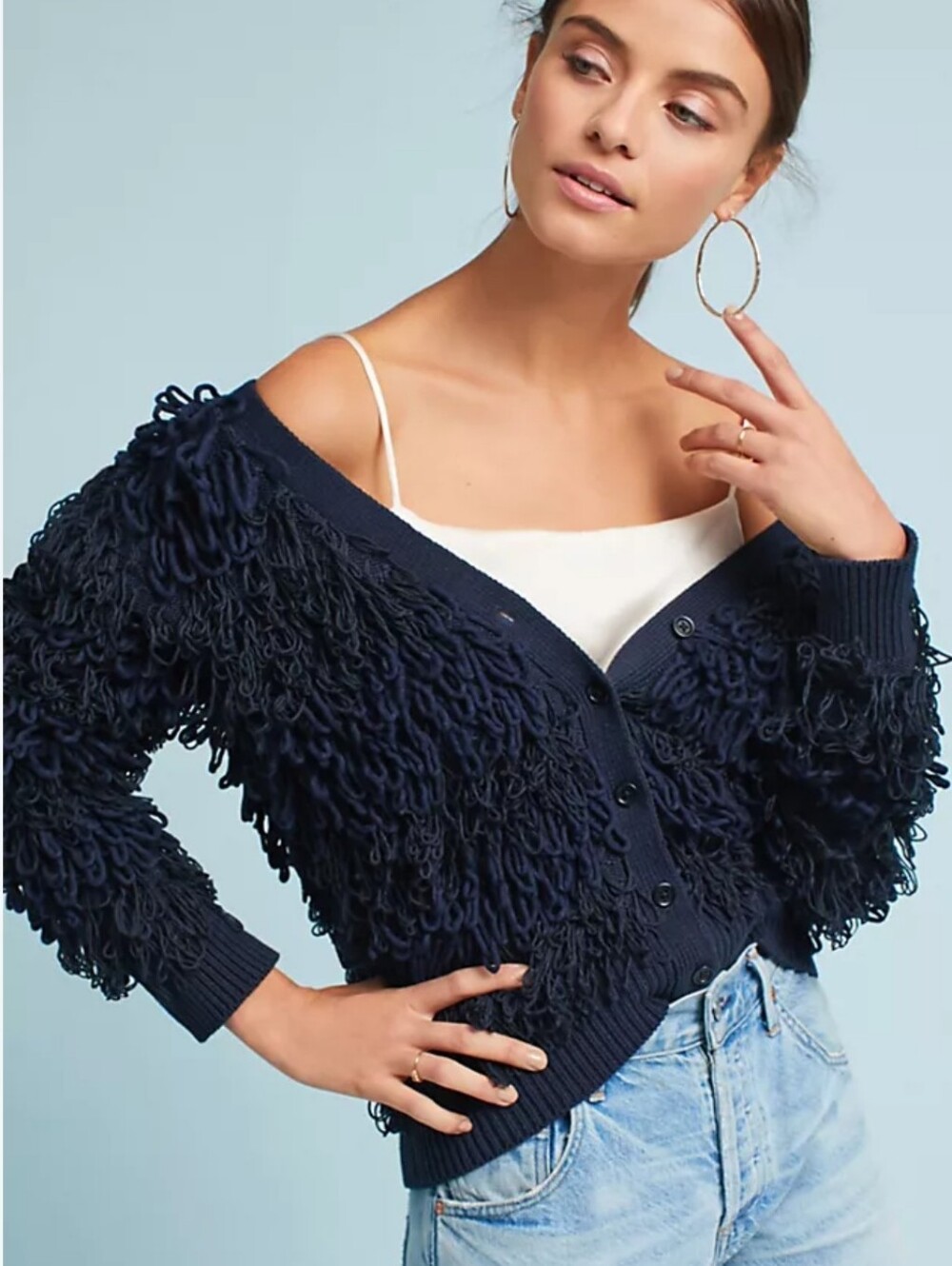 Anthropologie Maeve Textured Fringe Loop Cardigan Navy Blue Size XS